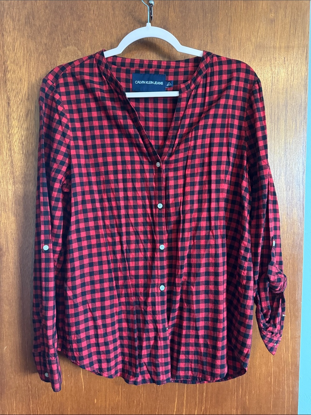 Calvin Klein Red and Black Plaid Button-Front Women's Shirt